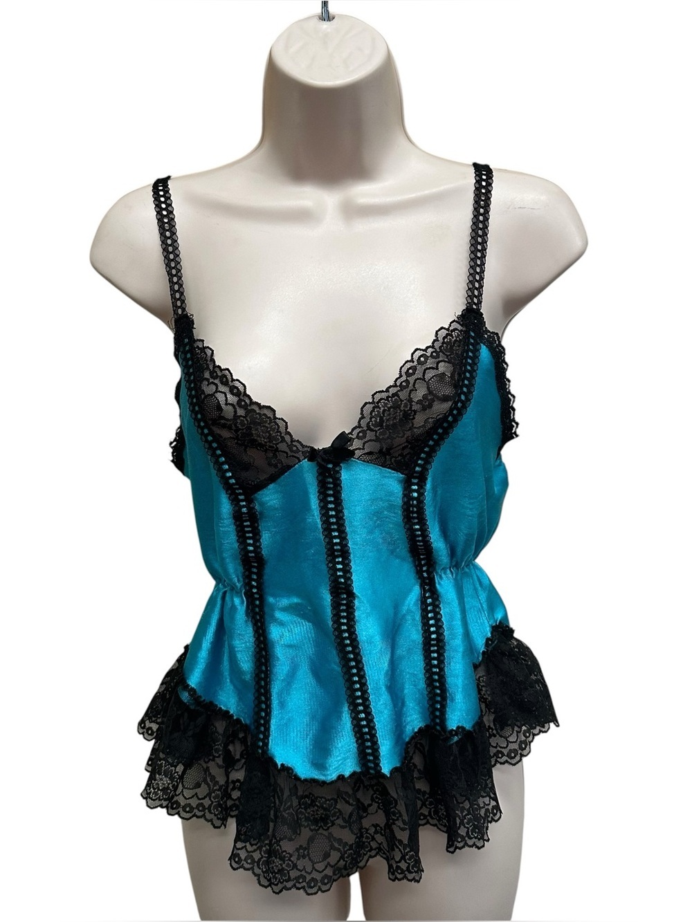 Vintage blue satin cami lingerie tank top black lace trim medium